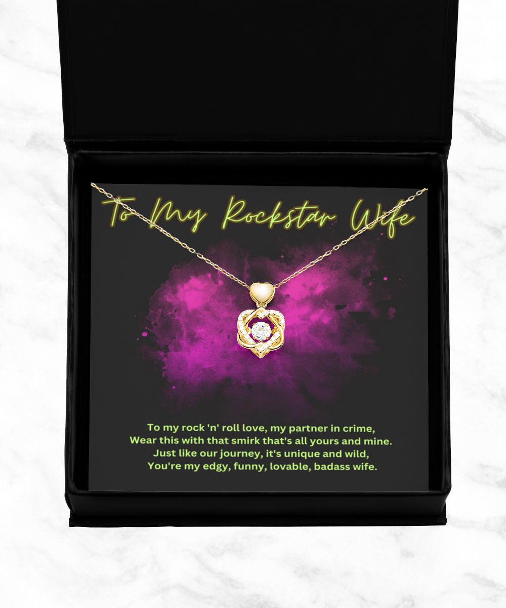 To My Rockstar Wife Heart Knot Gold Necklace - For Birthdays, Holidays, Special Occasion, Just Because Love Gift For Your Partner, Wife, Spouse